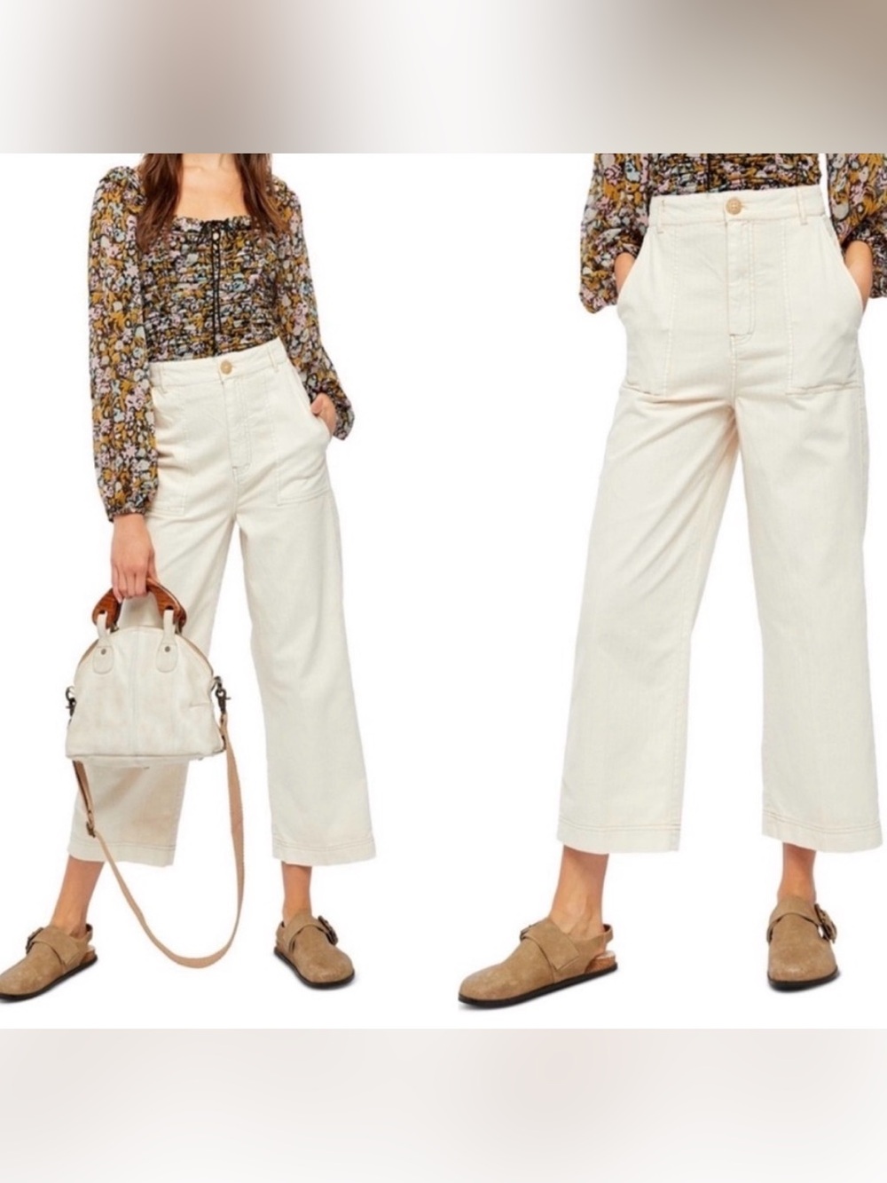 Free People Sunday Skies Herringbone Wide Leg Ankle Length Pants Size 8